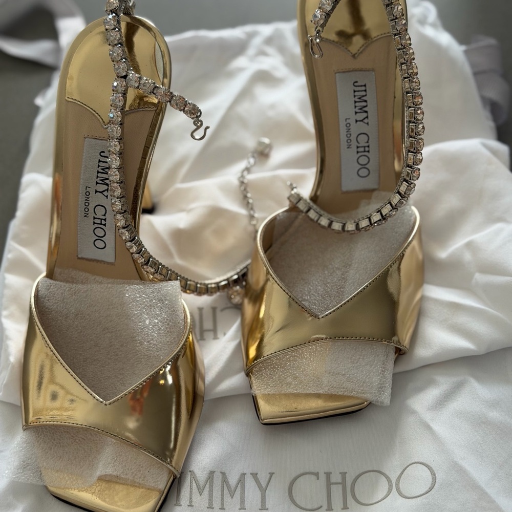 Jimmy Choo Gold Heeled Sandals with Crystal Straps
